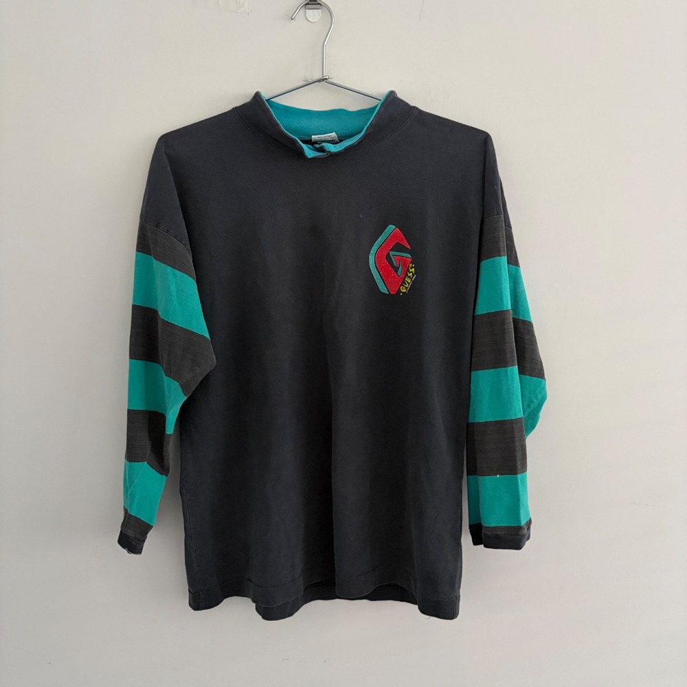 Vintage 1989 Guess Georges Marciano Striped Sleeve Mock Neck Shirt Black Teal M